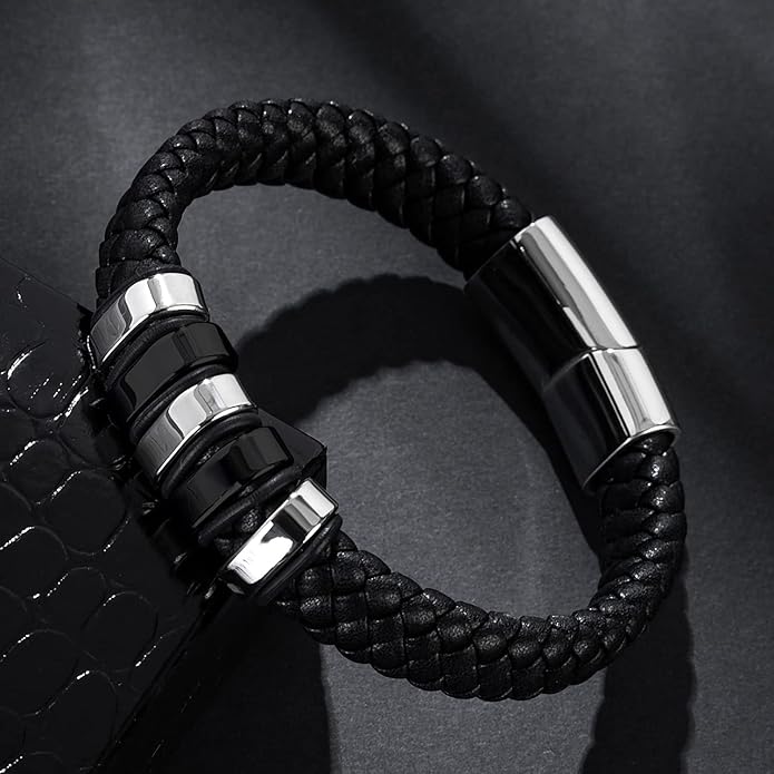 Leather Bracelet for Men Braided Cuff Wristband Stainless Steel Clasp in Silver and Gold Jewellery Gift