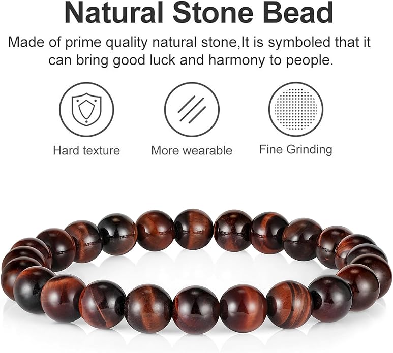 M MOOHAM Natural Stone Bracelets for Men - 8mm Tiger Eye, Matte Agate, Lava Rock - Teen Boys Gifts for Birthday, Anniversary, Christmas