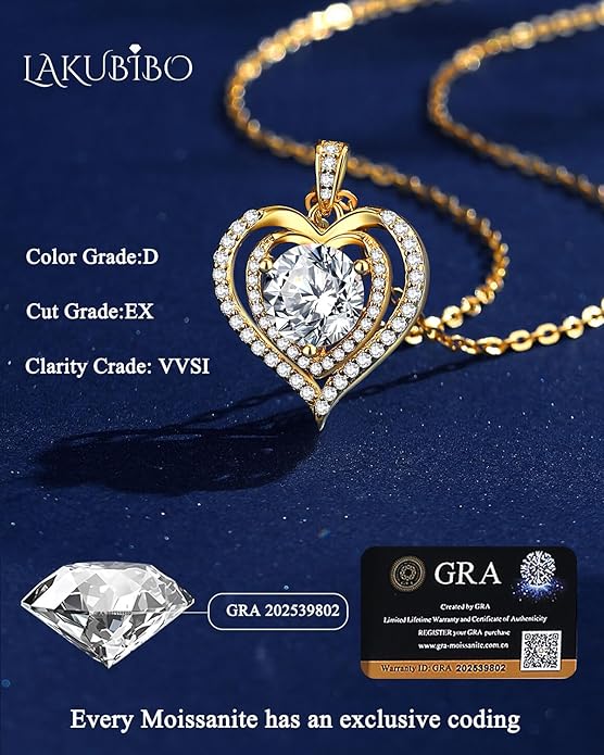 Moissanite Heart Necklace for Women, 1-2 Carat Moissanite Necklace Engraved with 'I LOVE YOU', Anniversary Birthday Gifts for Women,Mom, Girlfriend, Jewelry Gifts for Christmas Valentine's Day