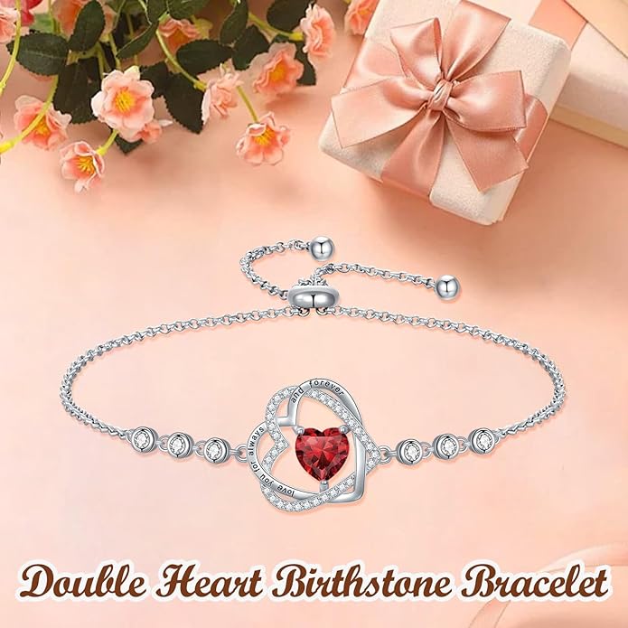 TOUPOP Heart Birthstone Bracelet 925 Sterling Silver Double Heart Bracelet Love You for Always and Forever Jewelry Anniversary Birthday Christmas Gifts for Women Wife Her