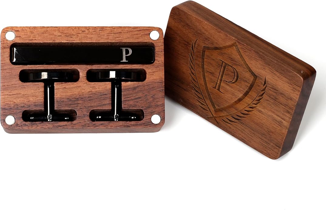 Mens Initial Cufflinks and Tie Clip A-Z Alphabet Letter Black Stainless Cuff Links Tie Bar with Engraved Walnut Wood Box Groom Groomsman Wedding Set