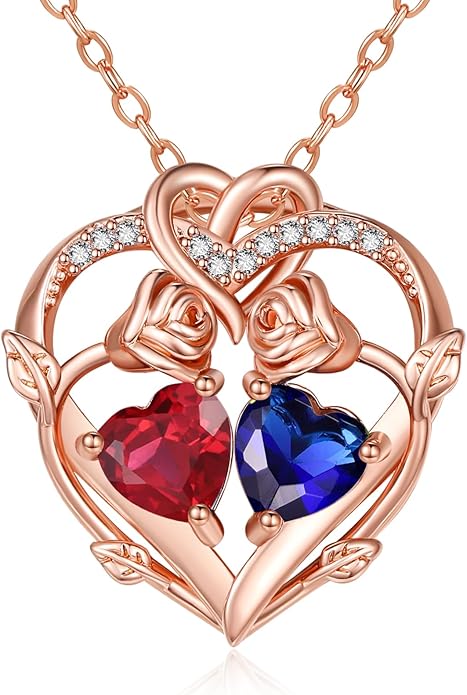 Rose Gold Necklaces for Women Double Birthstone Rose Flower Heart Pendant Necklace Jewelry Anniversary Christmas Valentine's Mother's Day Birthday Gift for Wife Mom Her Girlfriend Sister