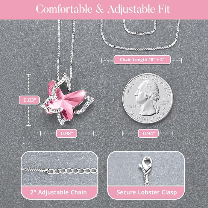 Gift Butterfly Birthstone Crystal Necklace, Silver Tone with 18”+2” Chain, Necklace for Mother’s Day Anniversary Birthday Gifts for Women and Daughter