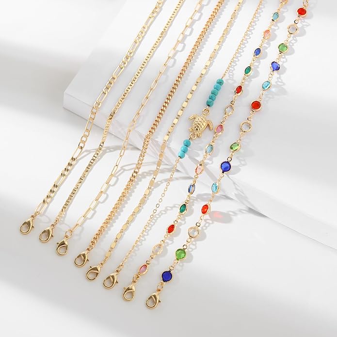 Starain 12Pcs Summer Beach Anklets for Women Waterproof Gold Silver Chain Ankle Bracelets Cute Women's Foot Anklet Set 7.9-10.5 inch Adjustable