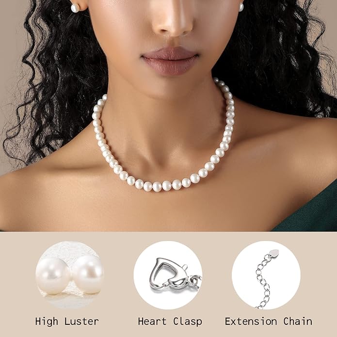 Freshwater Cultured Pearl Necklace, Real Pearl Necklace with Silver Chain and Clasp, Jewelry for Brides Wedding Gifts for Women Her Wife Sister