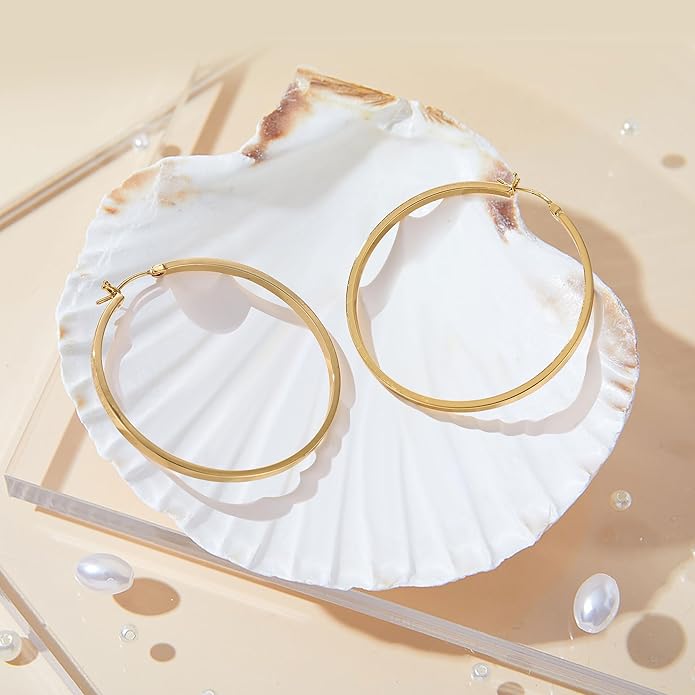 Gacimy Flatted Hoop Earrings for Women 14K Gold Plated with 925 Sterling Silver Post