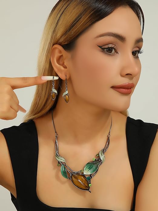 Vintage Chunky Statement Jewelry Set Retro Leaf Floral Geometric Bohemian Boho Bib Necklace Earring Set Fashion Costume Jewelry for Women Girls Wedding Party Prom Unique Gift