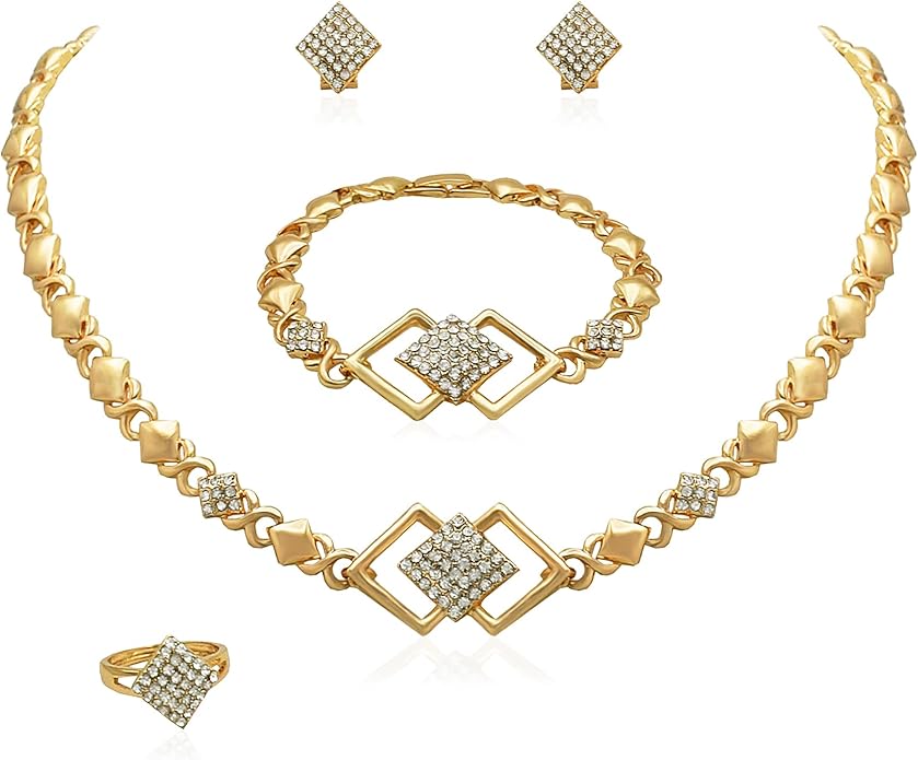 Gold Jewelry Sets for Women 18K Gold/Silver Filled Jewelry Necklace Set Wedding Bridal Fashion Jewelry Sets Women Accessories Bracelets Earrings and Rings Sweetheart Gifts