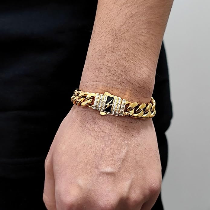 18K Gold Bracelet Cuban Chain Cold 18K Gold Hip Hop Miami Solid Cuban Chain Bracelet Men's Mosan Diamond Buckle Men's Gift