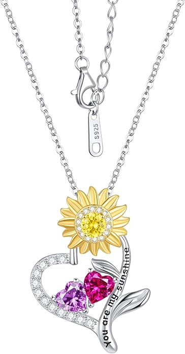 PERJI Valentine's Day Gifts for Women - 925 Sterling Silver Double Birthstone Sunflower Necklace, Anniversary Birthday Jewelry You are My Sunshine Gifts for Wife Couple Girlfriend 18"+2" Non Tarnish