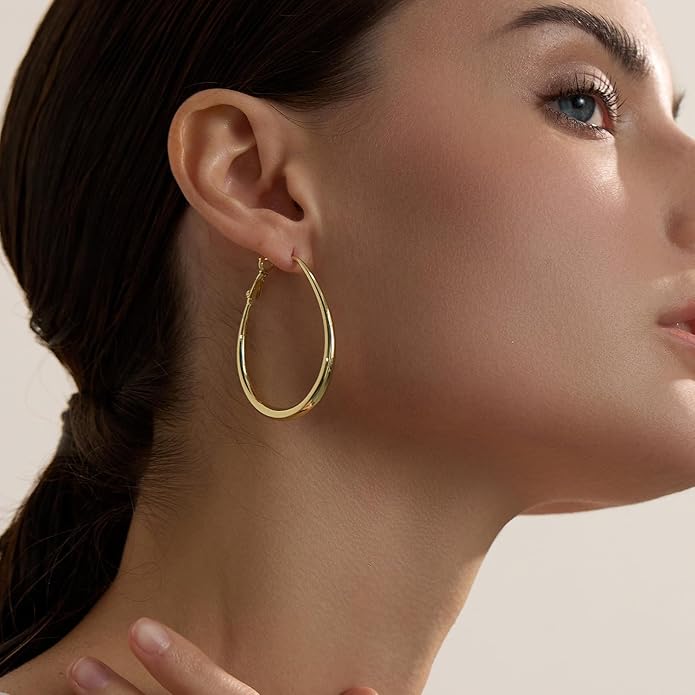 Lightweight Oval Hoop Earrings for Women - 14K Gold Plated, Rose Gold Plated and Sterling Silver Plated Large Oblong Hoop Earrings for Women Statement Jewelry Gift