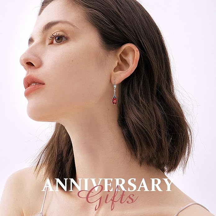 AOBOCO Vintage Earrings for Women Sterling Silver Retro Drop Dangle Leverback Earrings with 8x6mm Oval Genuine or Simulated Birthstone Crystal from Austria, Anniversary Jewelry Gifts for Her Women