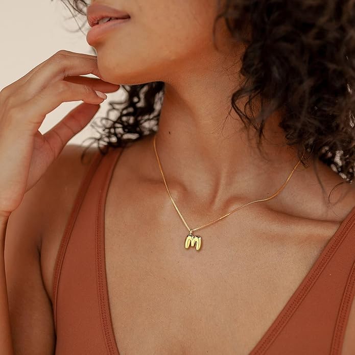 Bubble Gold Silver Letter Necklace Initial Necklaces for Women Trendy 14K Dainty Charm Pendant Name Necklace Personalized Jewelry Gift for Women Teen