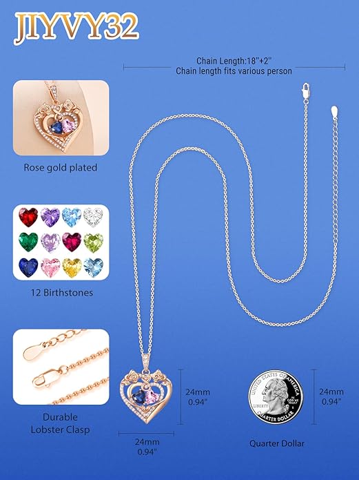 JIYVY32 Rose Heart Necklace for Women Exquisite 925 Sterling Silver Anniversary Birthday Gifts for Wife Mom Her Double Birthstone Pendant Jewelry