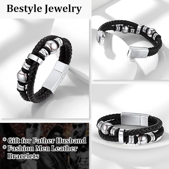 Bestyle Genuine Men Leather Bracelets Fashion Stainless Steel Celtic/Sport Ball Bead Cuff Wirstband Bracelets for Men, Size 7.5/8.3/9.1Inch