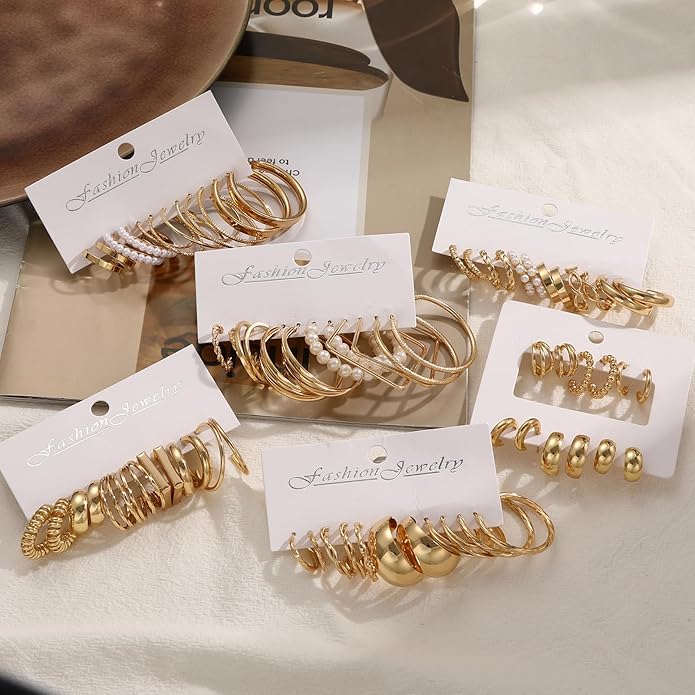 FAXHION 36 Pairs Gold Earrings Set for Women, Fashion Pearl Chain Link Stud Drop Dangle Earrings Multipack Hoop Earring Packs, Hypoallergenic Earrings for Birthday Party Jewelry