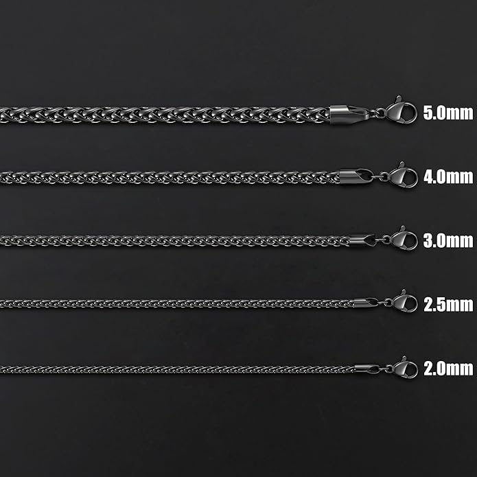 Fiusem Wheat Chains for Men and Women, 2/2.5/3/4/5mm Silver Tone/14K Gold Plated/Black Necklace Chain, Stainless Steel Mens Necklace 16-28 Inch