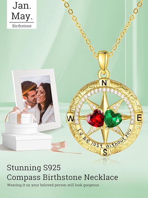 Zeuslia Double Birthstone Necklace Gifts for Wife - 925 Sterling Silver Sunflower/Rose/Crown Cross/Compass/Heart Pendant I Love You Necklace, Anniversary Birthday Gifts for Wife Girlfriend Mom Her