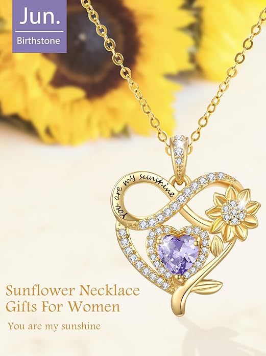 14K Gold Sunflower Heart Necklace for Women, You Are My Sunshine Jewelry with Birthstone Pendant, Anniversary Birthday Gifts for Her Wife Mom Grandma Daughter