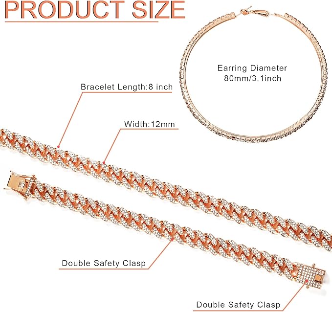 Batiyeer 3 Pcs Cuban Link Chain Necklace Bracelet Rhinestone Hoop Earrings Bling Crystal Hip Hop Jewelry for Women(20 Inch,Rose Gold)