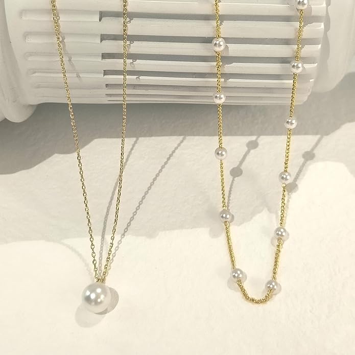 Zeffy Gold Pearl Necklace for Women, Dainty 14K Gold/Silve Plated Layered Pearl Choker Pearl Earrings Pearl Bracelets Wedding Trendy Gold Jewelry Set for Women Gifts