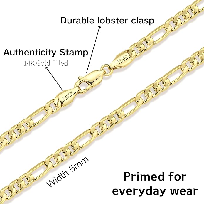 AHSIWC 14K Gold Chain Necklaces for Women & Men, 5mm Simple Figaro Link Chain Womens, Dainty Non-tarnish Necklace Unisex Size 18-24 Inches Cadenas De Oro Para Mujer 14K