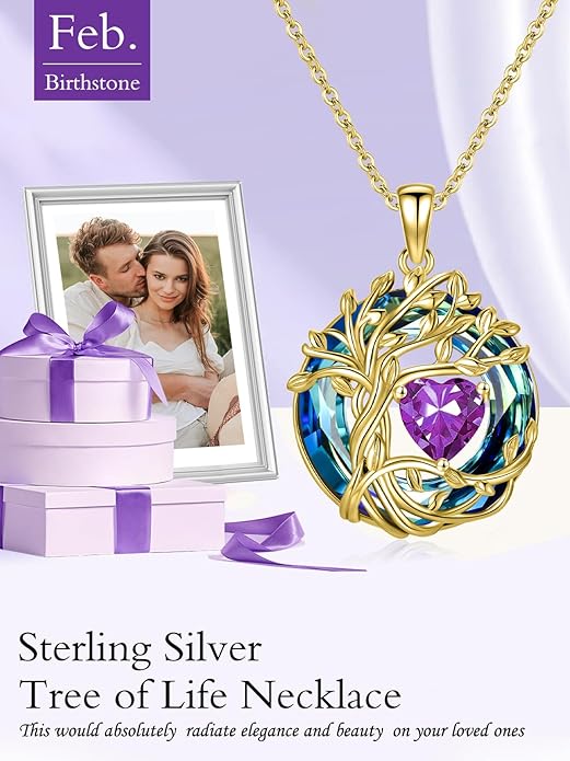 TOUPOP Christmas Gifts Tree of Life Birthstone Necklace 925 Sterling Silver Pendant Austrian Crystal Jewelry Anniversary Birthday Gifts for Women Mom Her Wife