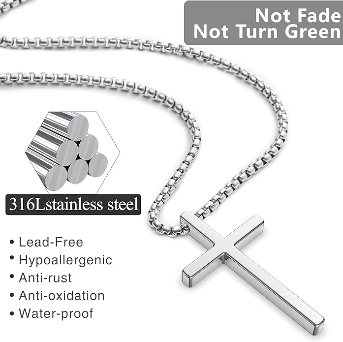 Romass 2 Pcs Cross Necklace for Men Boys,Stainless Steel Pendant Silver Black Gold Crosses Chain Jewelry Gifts Box 16-30 inches