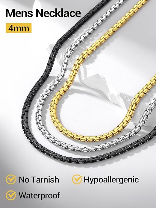 PROSTEEL Stylish Stainless Steel Round Link Chain Necklace for Men, 2mm/4mm/6mm/8mm. Silver/Gold/Black Tone, Hypoallergenic Jewelry, 14"-30", Come with Box