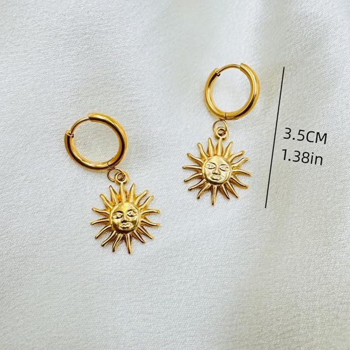 Sunburst Heart Dangle Hoop Earrings, 18K Gold Plated hypoallergenic Stainless Steel Cute Jewelry for Women daily Wear