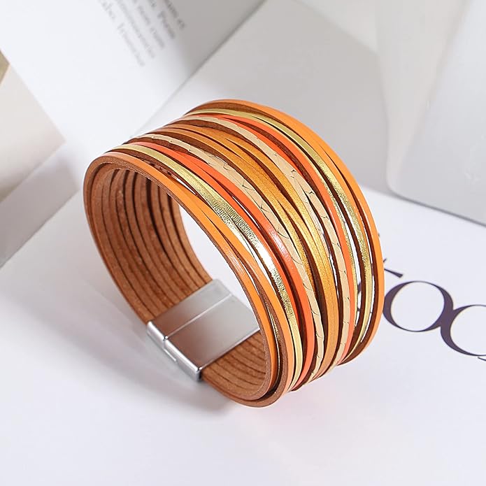 hotoo Handmade Layered Leather Bracelets Wrap for Women Stackable Chunky Colored Men Cuff Bracelet Wristband Bangle Gifts