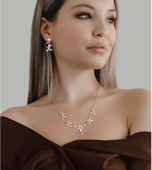 Crysdue Flower Leaf Wedding Jewelry Set for Bridal Bridemaid, Cubic Zirconia Teardrop Elegant Silver/14K/Rose Gold Plated Vine Necklace Dangle Earrings for Prom Party