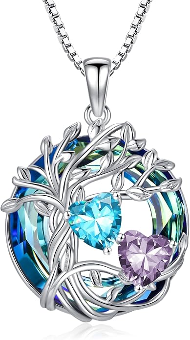 TOUPOP s925 Sterling Silver Family Celtic Tree of Life Pendant Necklaces with 2 Heart Birthstone with Blue Austrian Crystal Jewelry Birthday Anniversary Christmas Gifts for Her Wife Girlfriend Mom (18K Real White Gold Filled)