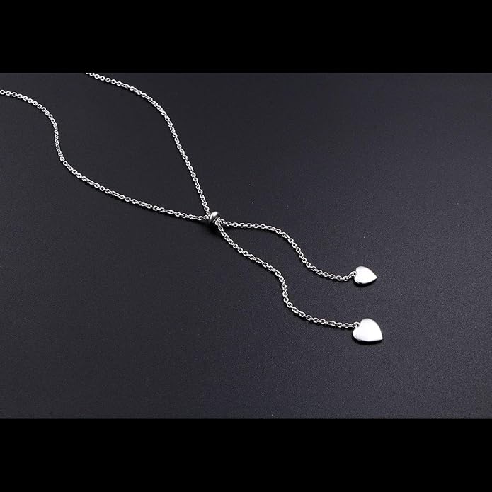 FLYOW Long Chain Dainty Lariat Necklace Simple Style 925 Sterling Silver Heart Pendant Adjustable Y Shaped Necklace Jewelry