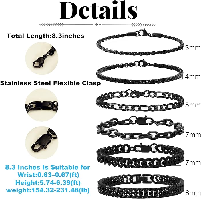 XIANNVXI 6pcs Stainless Steel Bracelets for Men Women Silver/Gold/Black Cuban Link Rope Paperclip Chain Bracelets Set 6.5/7/7.5/8.3/9 Inches Metal Bracelet Mens Fashion Accessories Jewelry Set