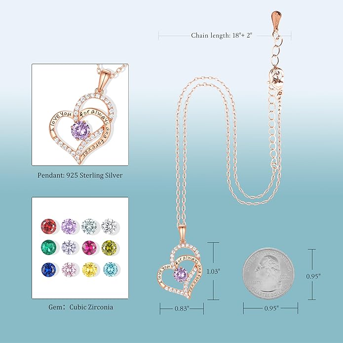 Heart Birthstone Silver Necklace for Women, S925 Sterling Silver Pendant Necklace Birthday Jewelry Gifts for Her Mother Mom Wife Girlfriend