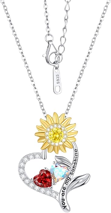 PERJI Valentine's Day Gifts for Women - 925 Sterling Silver Double Birthstone Sunflower Necklace, Anniversary Birthday Jewelry You are My Sunshine Gifts for Wife Couple Girlfriend 18"+2" Non Tarnish