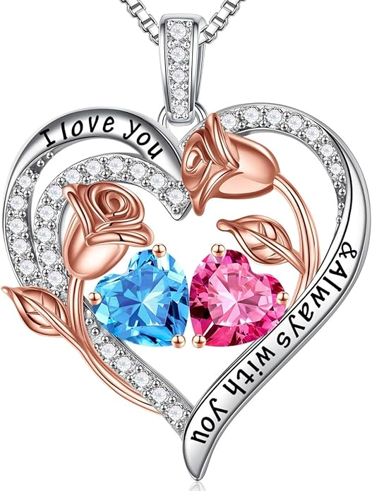 Iefil Birthstone Necklace for Women - 925 Sterling Silver Rose Heart Birthstone Necklace Birthday Anniversary Jewelry Gifts for Her Wife Mom Daughter