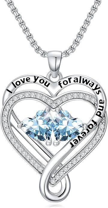 I Love You for Awlays and Forever Double Heart Necklace with Birthstone, 2 Birth Stone Jewelry Anniversary Valentines Mothers Day Christmas Birthday Gifts for Women Her Wife Girlfriend Mom Mother
