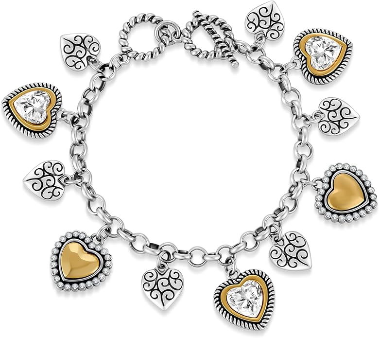 MYCUTEY Two Tone Heart Charm Bracelet for Women, Adjustable Cute Silver Chain Bracelets with Heart Charms, Trendy Love Bracelet for Daily Wear Mixed Metal Jewelry Valentines Day Gift
