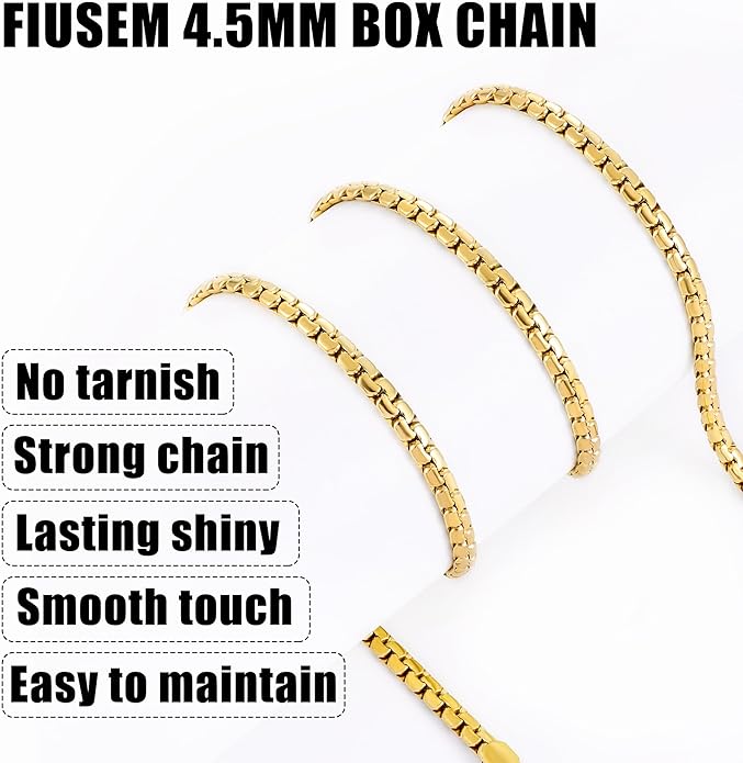 Fiusem Flat Box Chains for Men, 14k Gold Plated Stainless Steel Chain Necklace, 2.5/3/4/4.5/5mm Necklaces for Men and Women 16-28 Inch