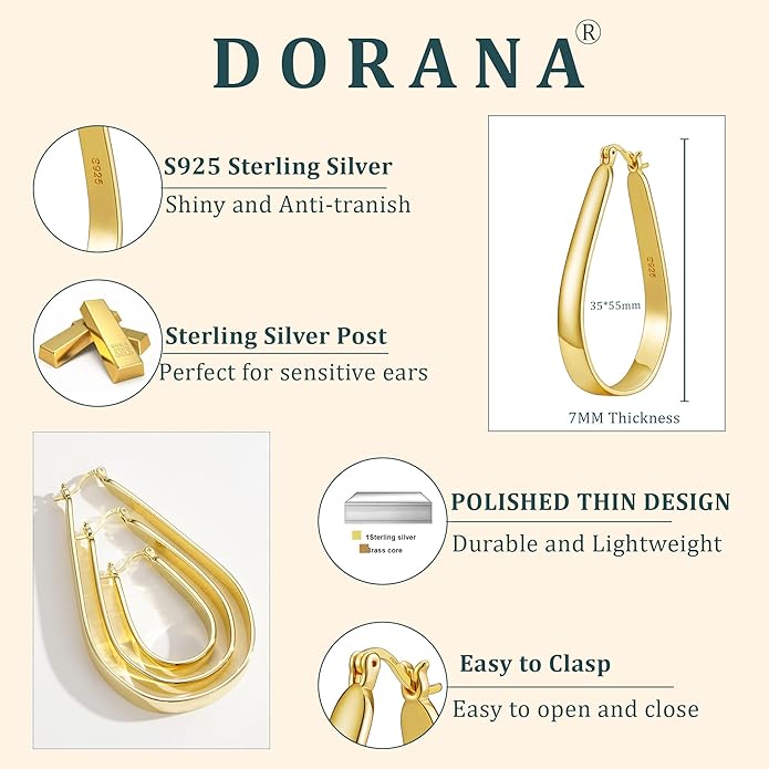 Sterling Silver Hoop Earrings for Women Large Oval Hoop Earrings Lightweight Big Gold Hoops Earrings Hypoallergenic 14K Gold Plated Hoops Earrings Non Tarnish Jewelry Gifts 20/30/40mm
