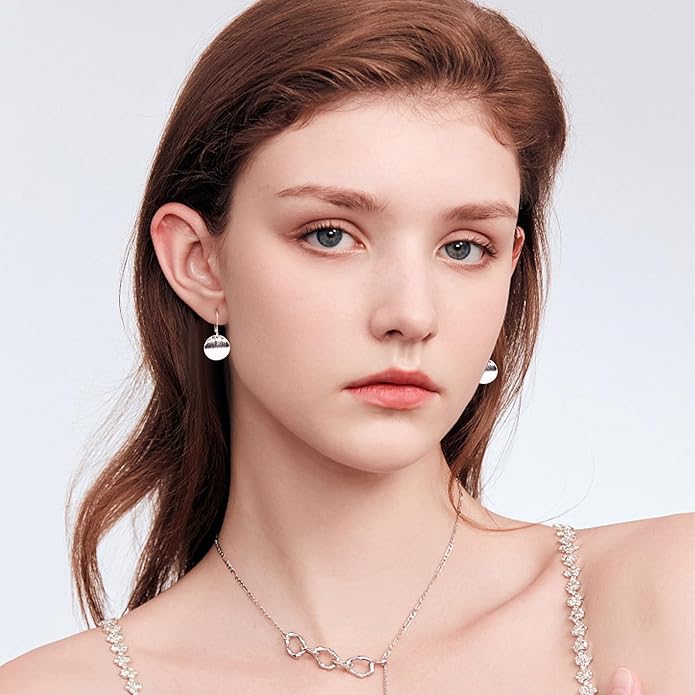 14K Gold Dangle Earrings for Women，Lightweight Circle Disc Coin Geometric Flat Brushed Drop Earrings, Hypoallergenic Leverback Earrings S925 Jewelry