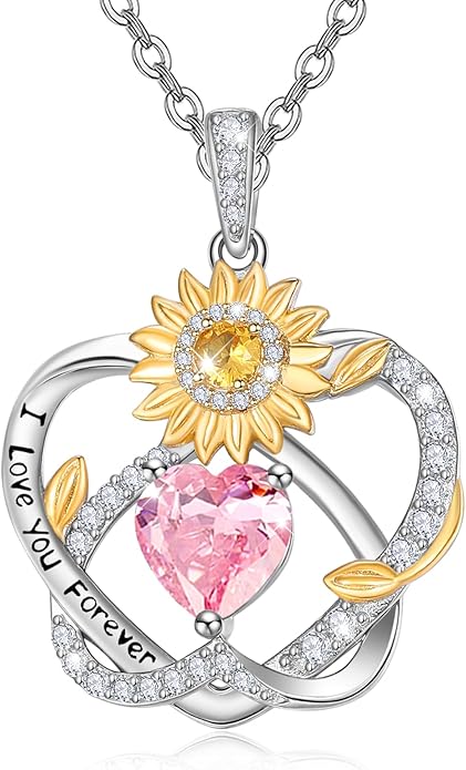 Zeuslia Double Birthstone Necklace Gifts for Wife - 925 Sterling Silver Sunflower/Rose/Crown Cross/Compass/Heart Pendant I Love You Necklace, Anniversary Birthday Gifts for Wife Girlfriend Mom Her