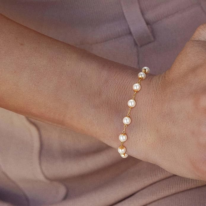 LOYATA Chain Bracelet Gold Link 14K Gold Plated Dainty Pearl Bracelet Simple Jewelry Gift for Women