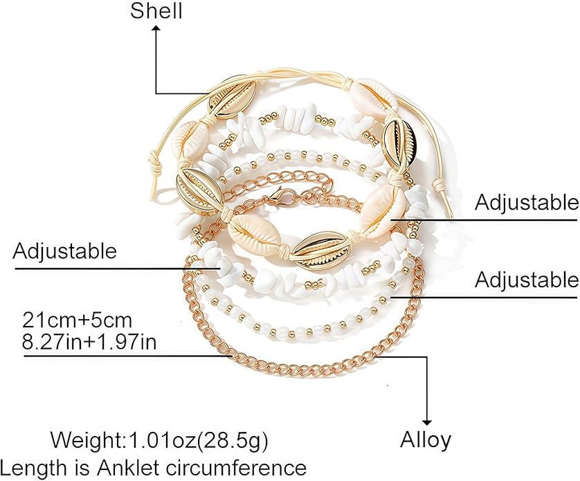 Shell Ankle Bracelet Set for Women, Gold Plated Boho Bead Adjustable Anklet, Hawaiian Beach Seashell Pearl Heart Starfish Conch Foot Jewelry Gifts
