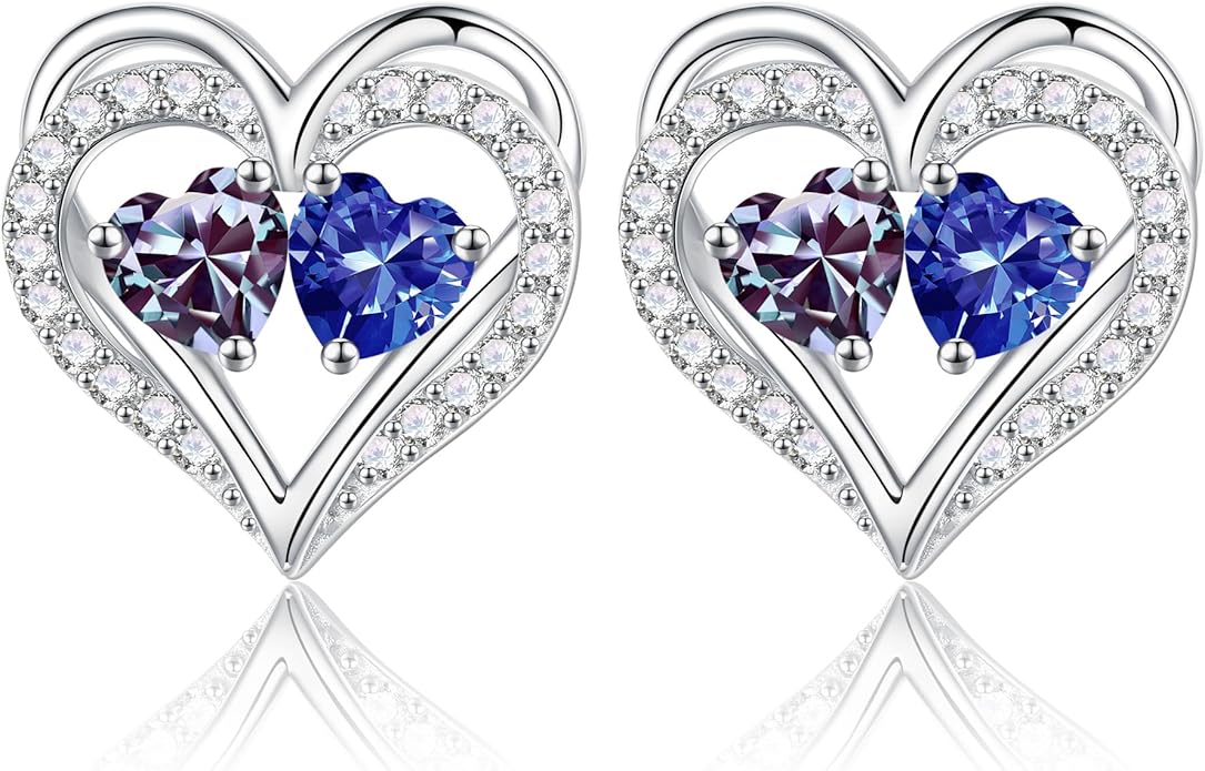 Iefil Birthstone Earrings for Women - 925 Sterling Silver Heart Earrings Anniversary Birthday Gifts for Women Wife Girlfriend Mom