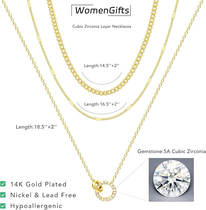 WomenGifts Layered Gold Necklaces for Women, 14K Gold Sterling Silver Plated Dainty Pendant Necklace Set with Cubic Zirconia Circle, Chunky Stackable Cuban Chain Choker, Trendy Personalized Birthstone Jewelry Gift Non Tarnish