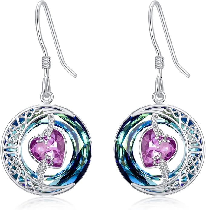 TOUPOP Birthstone Earrings for Women 925 Sterling Silver Moon and Star Dangle Earrings with Blue Crystal BirthdayJewelry Christmas Gifts for Women
