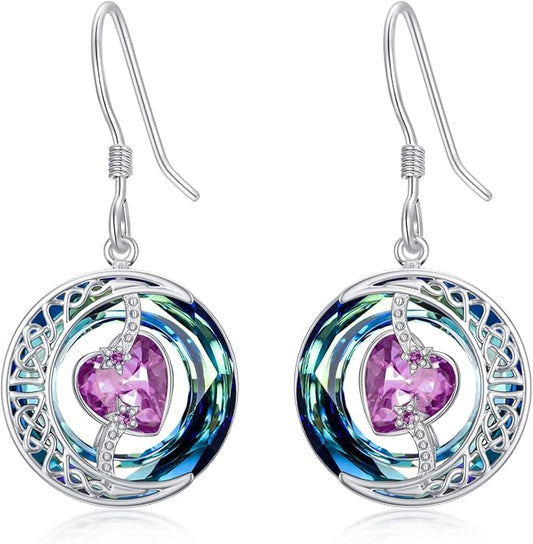 TOUPOP Birthstone Earrings for Women 925 Sterling Silver Moon and Star Dangle Earrings with Blue Crystal BirthdayJewelry Christmas Gifts for Women